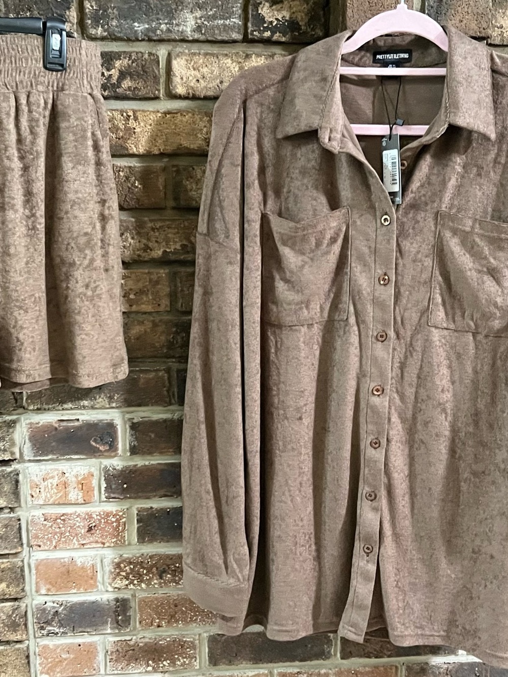 PrettyLittleThing Taupe Two-Piece Terry Shirt & Shorts Set